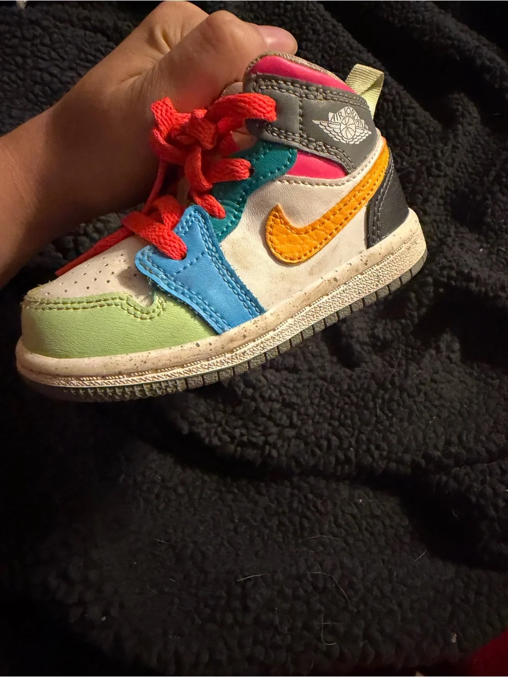 Jordan Kids Multicolor High-Top Sneakers with Red Laces and Yellow Swoosh